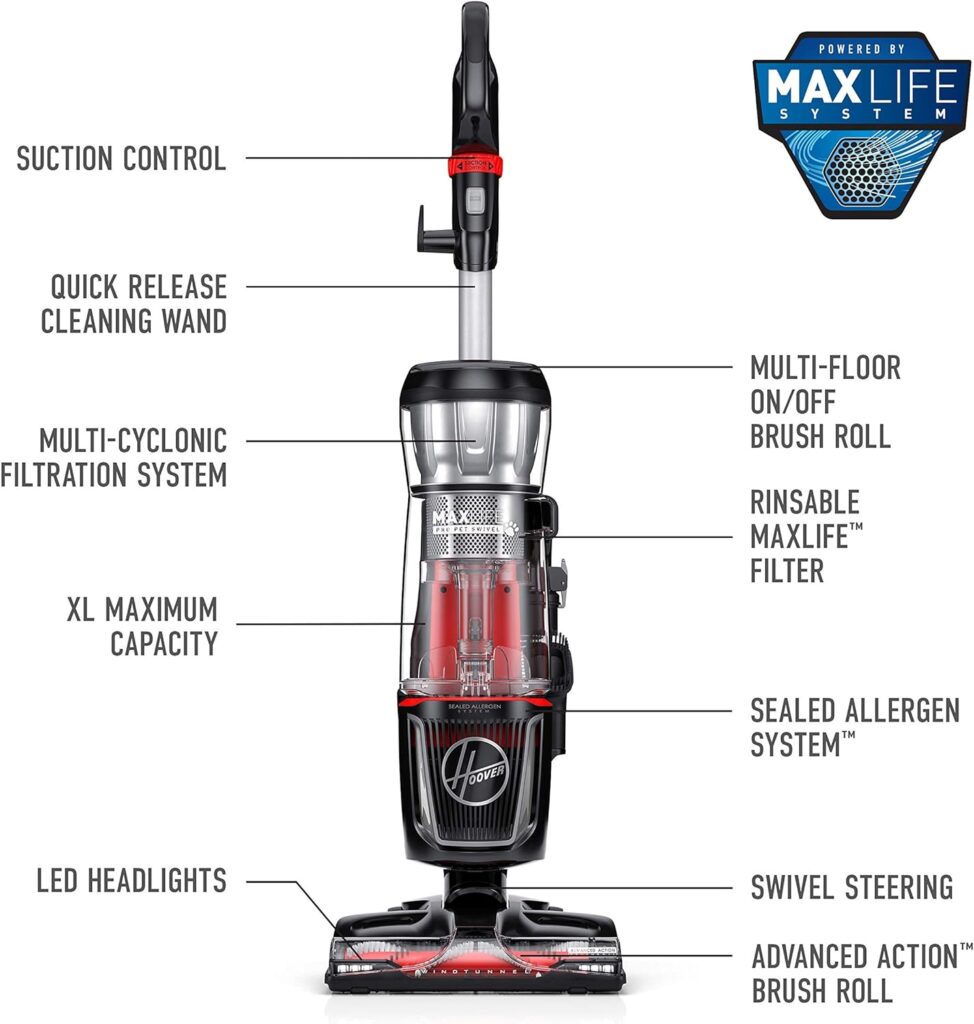 Hoover MAXLife Pro Pet Swivel Bagless Upright Vacuum Cleaner, HEPA Media Filtration, For Carpet and Hard Floor, UH74220PC, Black